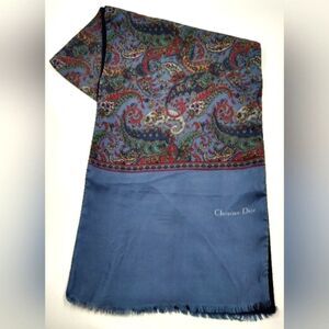 Dior Christian Dior Vintage Silk & Wool Fringe Paisley Formal Scarf